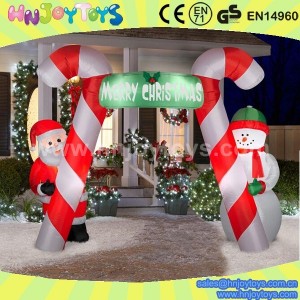 inflatable santa and snowman archway